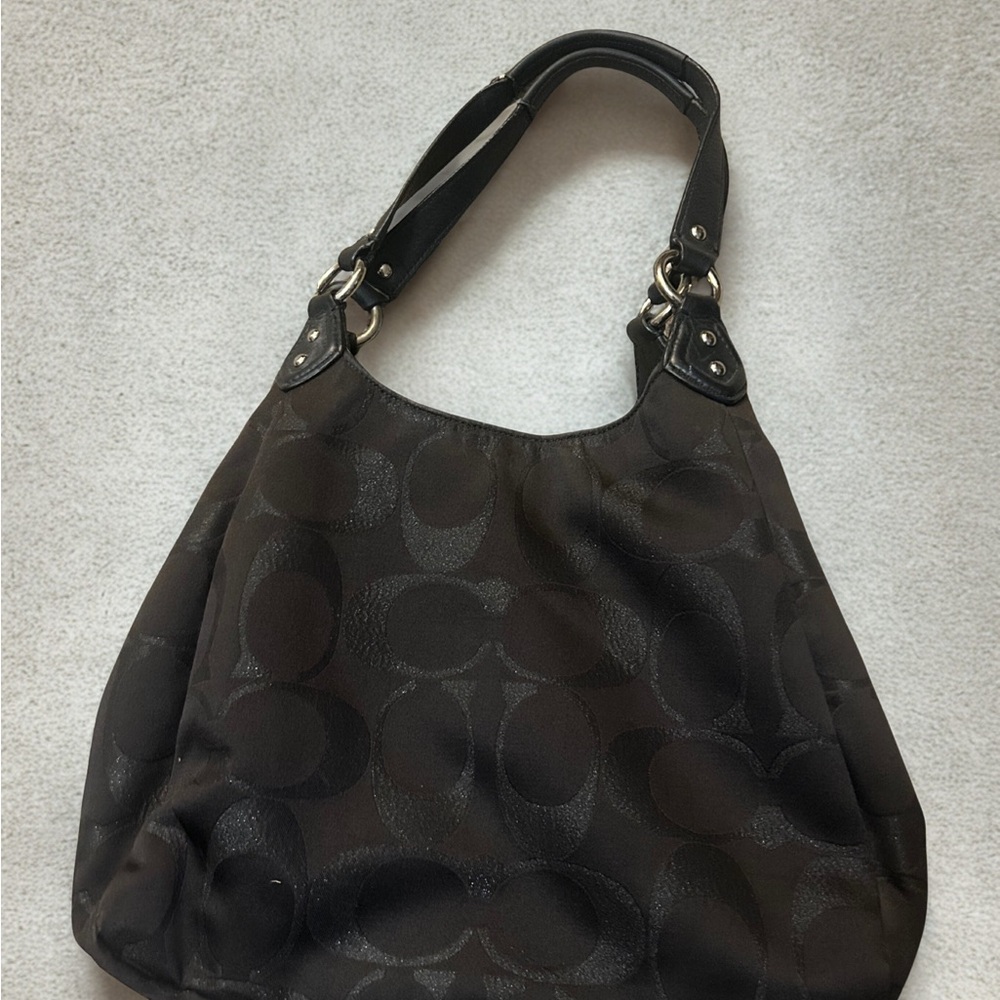 Authentic Coach Dark Brown Campbell Signature Shoulder Bag with Leather Trim - Picture 3 of 11